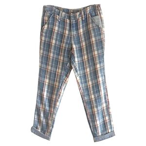 Free People Soft Plaid Mixed Media Roll Hem Pants w Pockets Size 6